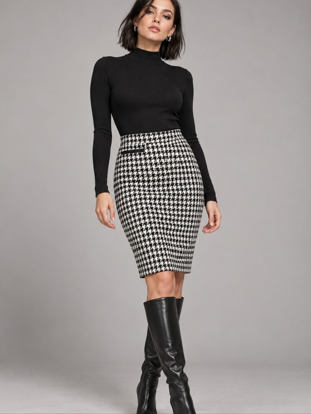 Cleo Black and White Houndstooth Skirt with Zip Detail